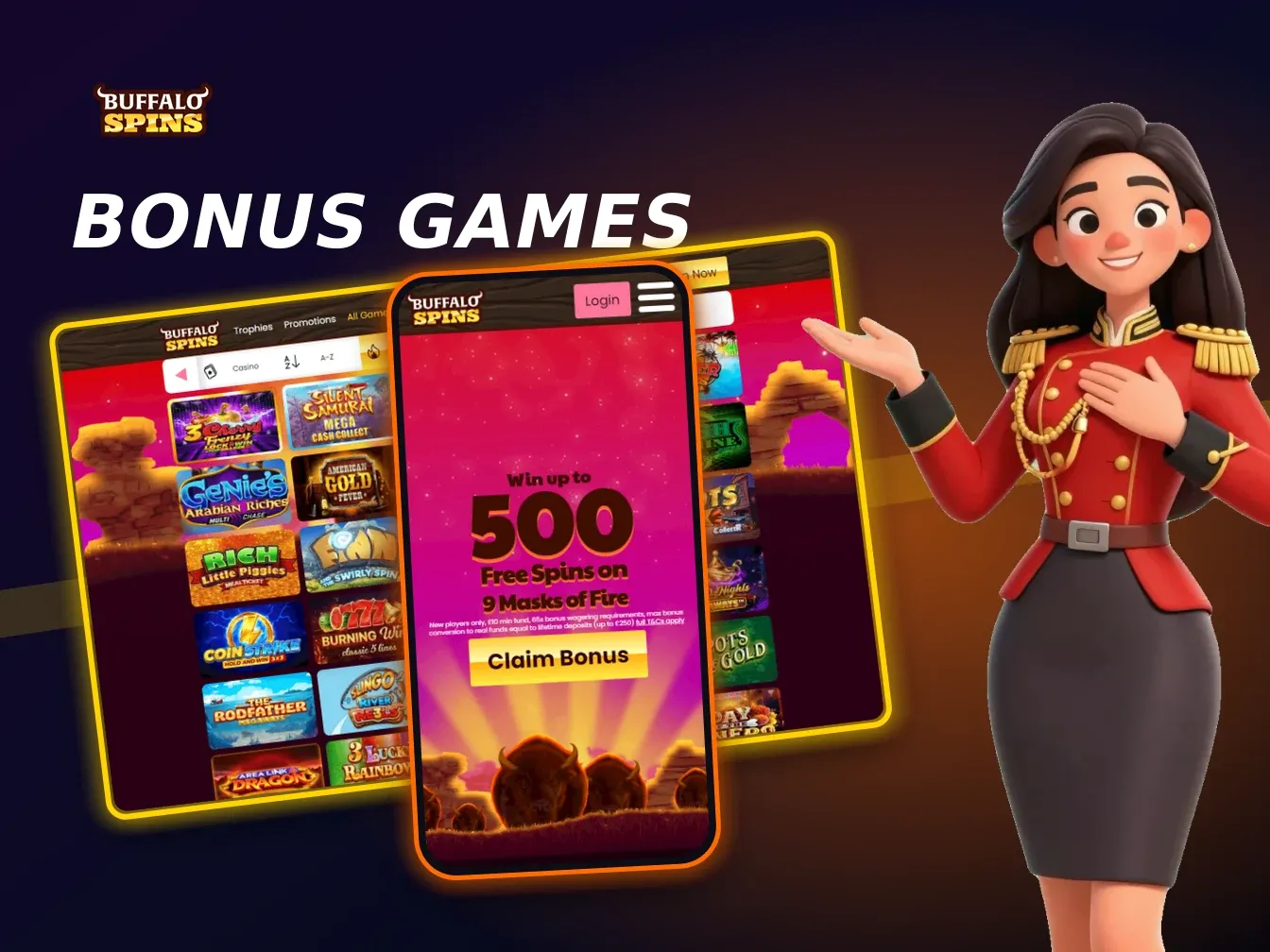 Buffalo Spins Casino desktop games lobby with slots and casino titles