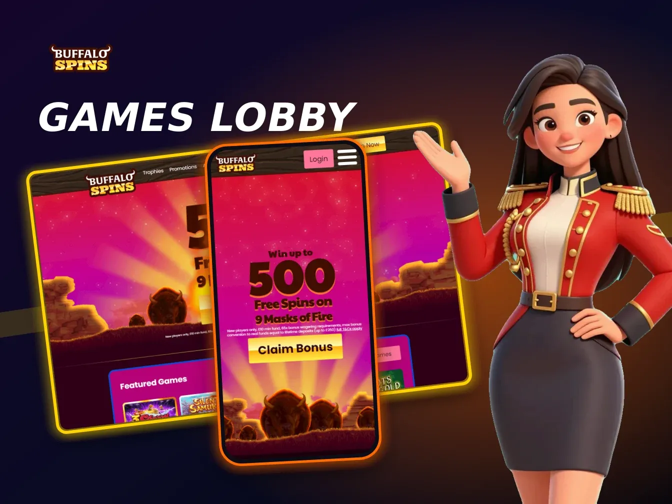 Buffalo Spins Casino desktop home with casino games and player account features
