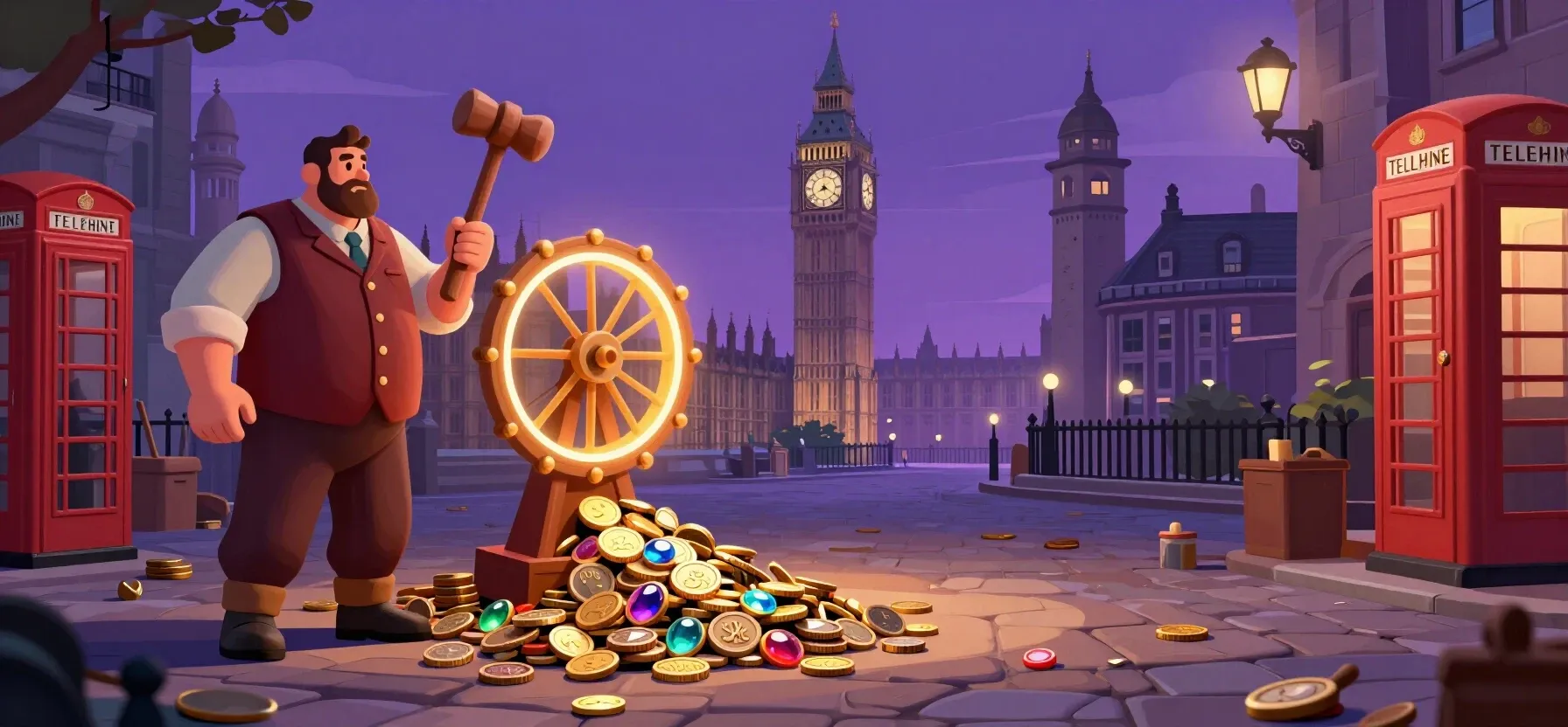 Buffalo Spins Casino promotional wheel with coins, gems and free-spin tokens